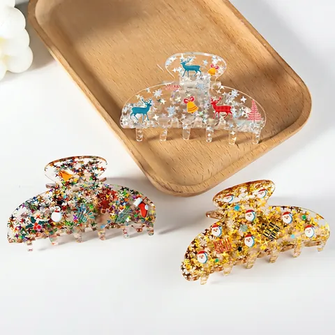 Weihnachts Haarklammer Acryl Transparent Große Haarkralle Glitzersterne Rentier Weihnachtsmann Feiertags Haarschmuck