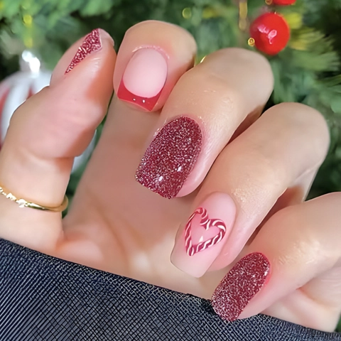 Unghie Finte Corte Lucide Quadrate Con Motivo a Cuore Glitter French Tips Dolce Rosso Rosa per San Valentino Appuntamenti