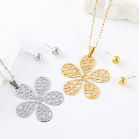 Juego de Joyas de Acero Inoxidable Con Flor de Pétalos Huecos Elegante Collar Con Colgante Y Pendientes de Botón de Bola