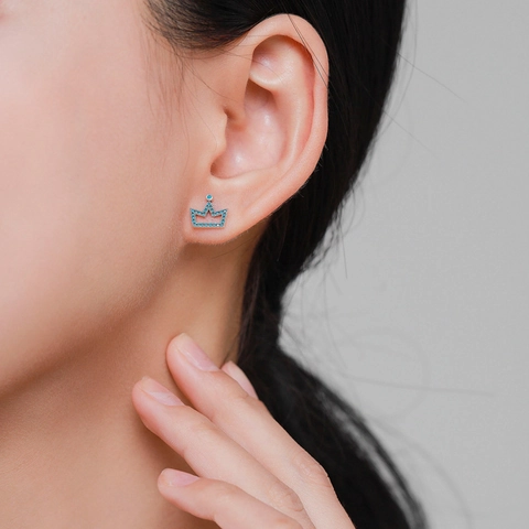 Pendientes De Botón De Corona En Plata De Ley 925 Con Piedras Preciosas Azul Turquesa Diseño Hueco Retro Para Mujer
