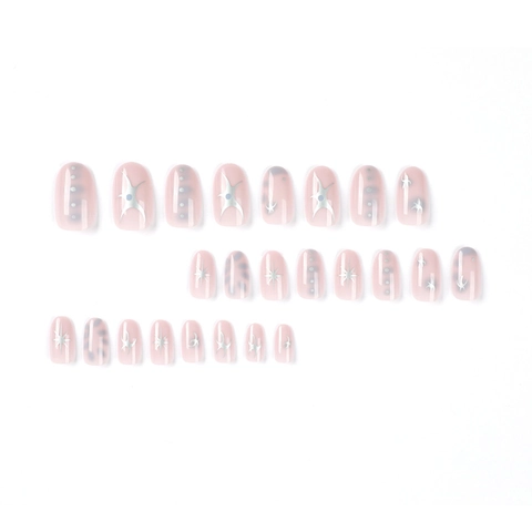Press On Nägel Silber Stern Mond Muster Rosa Lila Verlauf Glänzend Oval Mittelrund Künstliche Nägel Mit Kleber