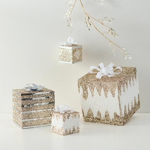 Ornamenti Appesi Albero Di Natale Oro Champagne Glitter Schiuma PVC Renna Scatola Regalo Stivale Bastone Lusso Arredamento Festa