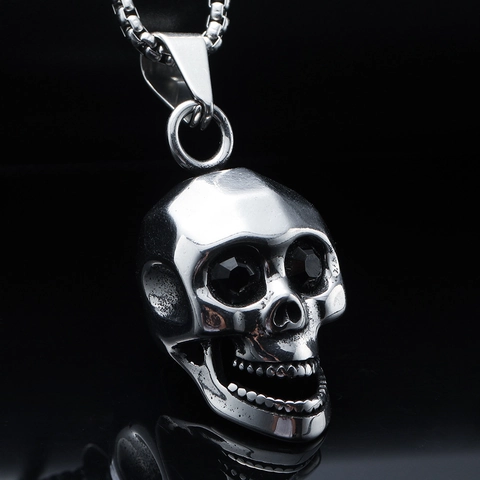 Hip Hop Skull Pendant Necklace Stainless Steel Vintage Punk Rock With Red Black Zirconia Eyes For Men Jewelry