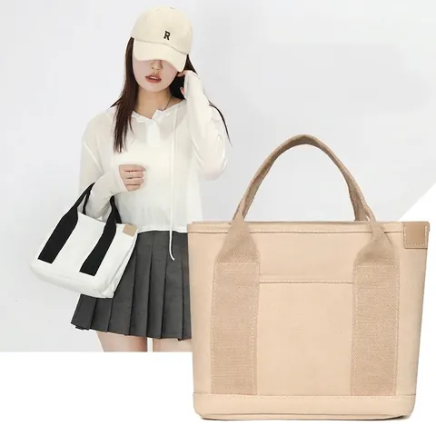 Canvas Tote Bag For Women Large Capacity Minimalist Japanese Style Handbag With External Pocket Casual Daily Commute