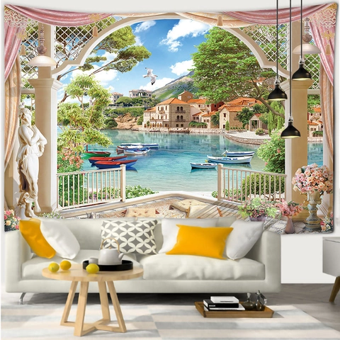 Tapiz De Pared Paisaje Poliéster 3D Escenario Jardín Europeo Castillo Vista Al Mar Hogar Sala De Estar Dormitorio Decoración Arte