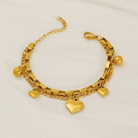 Zweilagiges Herz Anhänger Armband Vergoldeter Edelstahl Box Panzerkette Verstellbarer Modeschmuck Damen