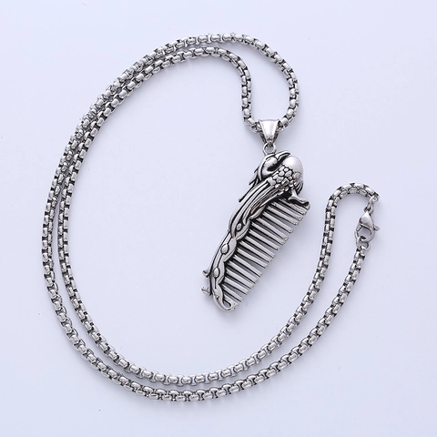 Vintage Stainless Steel Comb Pendant Necklace With Box Chain Hip Hop Gothic Punk Style Jewelry For Men Women