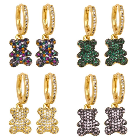 Cute Bear Drop Earrings Copper Gold Plated Colorful Zirconia Pave Huggie Hoops Fashion Trendy Jewelry For Women