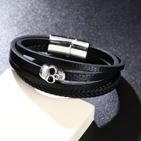 Bracciale Da Uomo Multistrato Pelle PU Intrecciata Con Teschio In Lega Chiusura Magnetica Punk Gotico Gioielli