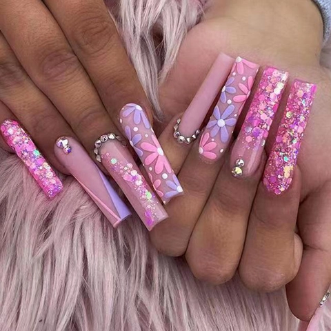 Long Coffin Press On Nails Pink Purple Gradient Flower Design Rhinestone Glitter French Tip Manicure Artificial Nails