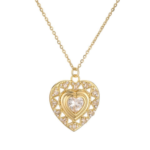 Collana Pendente Cuore Rame Placcato Oro Micro Intarsio Zircone Colorato Elegante Moda Catena Clavicola Donne Gioielli