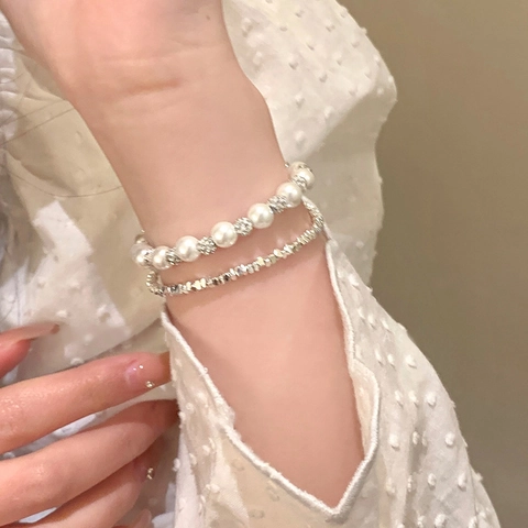 Bracelet Multi-Rangs Élégant De Style Français Avec Künstliche Perles D'Imitation Et Künstliche Perles Métalliques Facettées Bijoux Ajustables Pour Femmes
