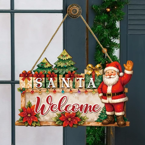 Targa di Benvenuto Natalizia in Legno Babbo Natale Modello Ornamento da Appendere Decorazione Murale Con Corda di Canapa