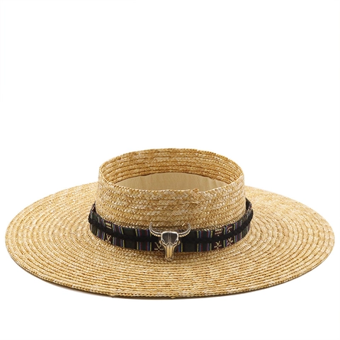 Cappello Di Paglia Donna Tesa Larga Cupola Piatta Protezione Solare Estate Spiaggia Vacanze Nastro