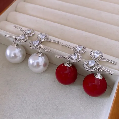Orecchini Pendenti Con Fiocco E Perla Artificial Con Zircone Incastonato Gioielli Rame Vintage Francese Donna Silver Earring Post