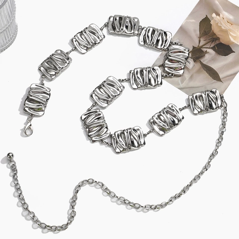 Women Fashion Metal Chain Belt Silver Pleated Rectangular Links Adjustable Waist Decoration For Dress