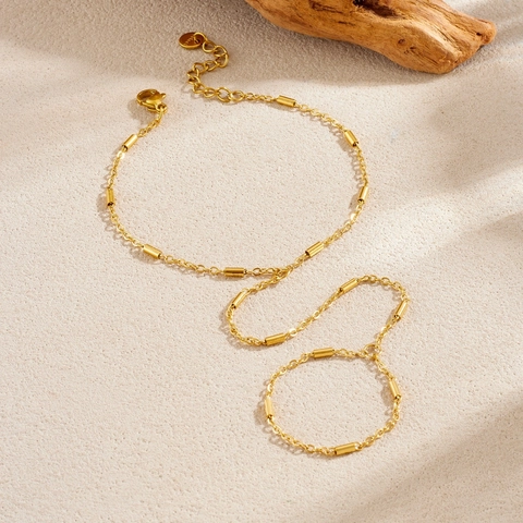 Minimalist Gold Plated Stainless Steel Hand Chain Finger Bracelet Cylindrical Link Adjustable Daily Jewelry For Women