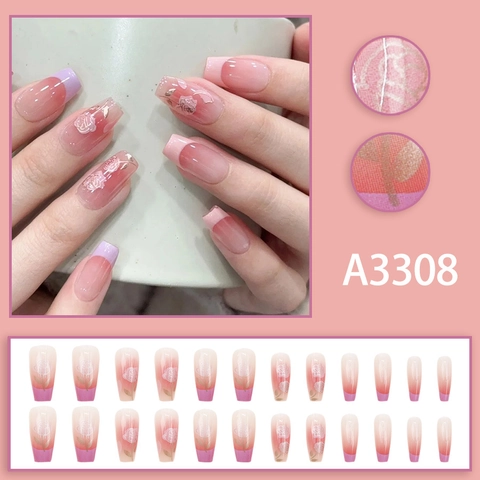 Coffin Press On Nails Rose Blumenmuster Gradient Pink Lila ABS Künstliche Fingernägel Eleganter Stil Für Frauen