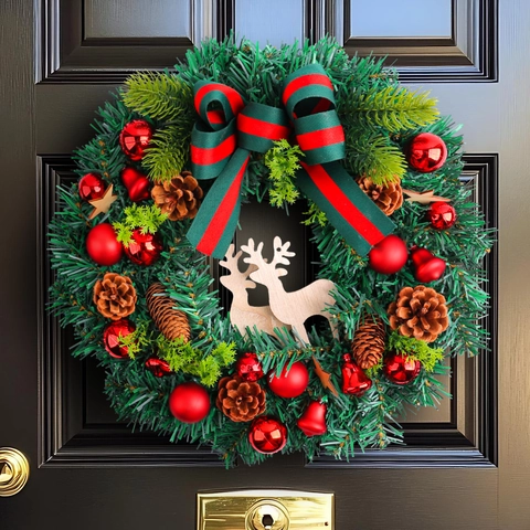 Artificial Christmas Wreath With Pine Needles Pine Cones Wood Reindeer And Red Balls Ribbon Bow Door Wall Hanging Decor
