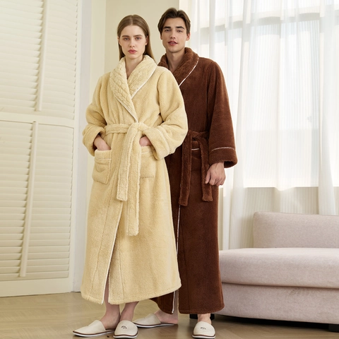 Accappatoio In Pile Corallo Vestaglia Lunga In Flanella Calda Invernale Collo A Scialle Cintura Camicia Da Notte Coppia Unisex