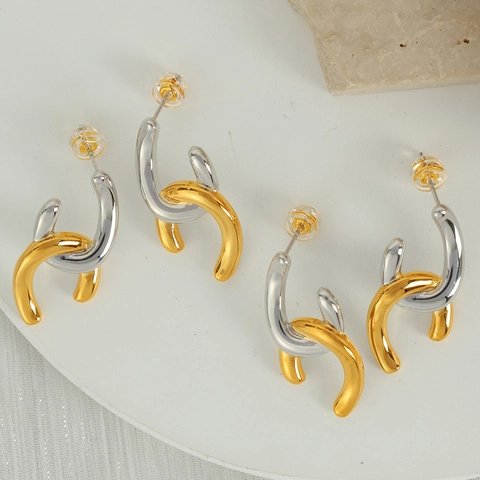 French Minimalist Geometric Interlocking Copper Hoop Earrings Gold Silver Mixed Color Contrast Stud Earrings For Women Fashion Jewelry