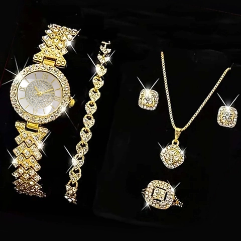 Montre à Quartz de Luxe avec Strass pour Femmes et Parure de Bijoux Bracelet Cœur Collier Boucles d'Oreilles Bague en Alliage Ensemble de Montre Mode pour Femmes
