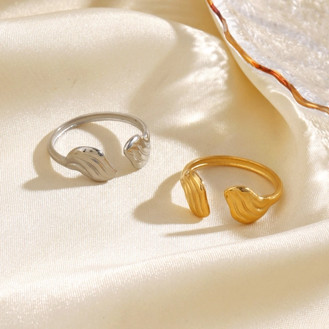 Anillo Abierto De Ala Para Mujer Minimalista De Acero Inoxidable Chapado Al Vacío Ajustable Textura De Onda Moda