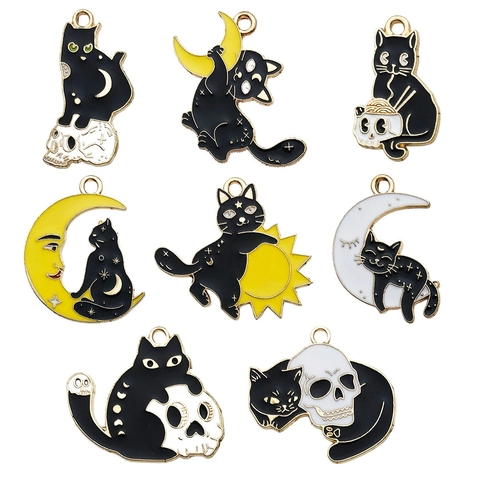 Ciondoli Smalto Gatto Nero Lega Zinco Halloween Gotico Teschio Luna Sole Per Creazione Gioielli DIY Collane Orecchini Artigianali