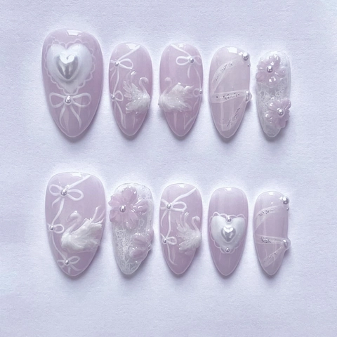 Faux Ongles Luxe Design Cygne 3D Forme Amande Lavande Noeud Coeur Künstliche Perle Décor Style Français Élégant Pour Femmes
