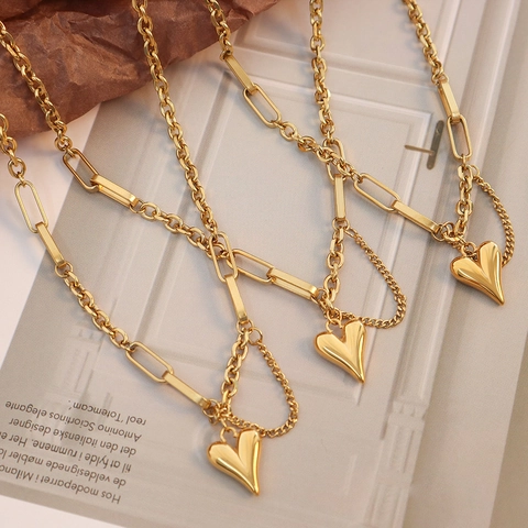 Heart Charm Necklace And Bracelet Titanium Steel 18K Gold Plated Asymmetric Paperclip Chain Elegant Fashion For Women