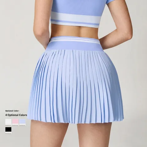Women Athletic Pleated Tennis Skort And Crop Tank Top High Waist Striped Workout Golf Running Outfit Polyester Spandex