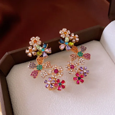 Colorful Rhinestone Floral Drop Earrings With Silver Earring Post 18K Gold Plated Copper Flower Jewelry For Women