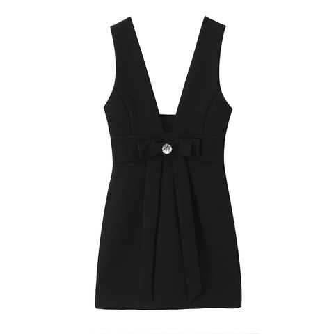 Robe Mini Noire Sans Manches Avec Décolleté En V Profond Et Nœud En Strass Décoration Polyester Style De Fête