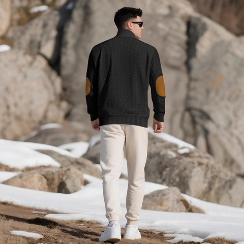 Herren Strickpullover Jacquard Textur Stehkragen Henley Ausschnitt Lässiger Outdoor Pullover Mit Kontrast Ellbogen Patches