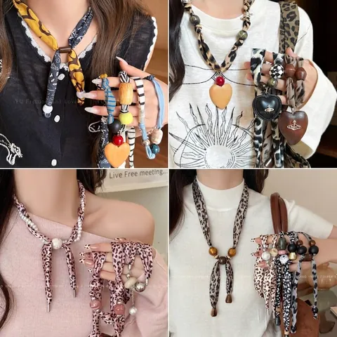 Collana Con Pendente Tessuto Stampa Leopardata Forma Cuore Perle Legno Fatto A Mano Stile Bohémien Etnico Per Donna