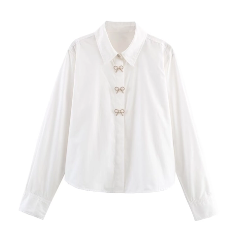Camicetta Popeline Bianca Camicia Manica Lunga Con Bottoni Fiocco Perla Artificial Strass Top Elegante Per Donne