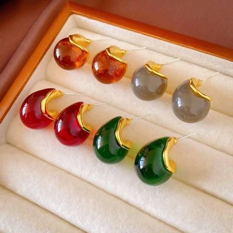 Vintage Resin Amber Water Drop Stud Earrings Maillard Style Gold Plated Elegant Jewelry With Silver Earring Post For Women