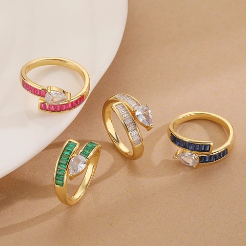 Anillo Ajustable Geométrico Irregular Cobre Chapado En Oro Circonita Cúbica Colorida Joyería Minimalista Mujer