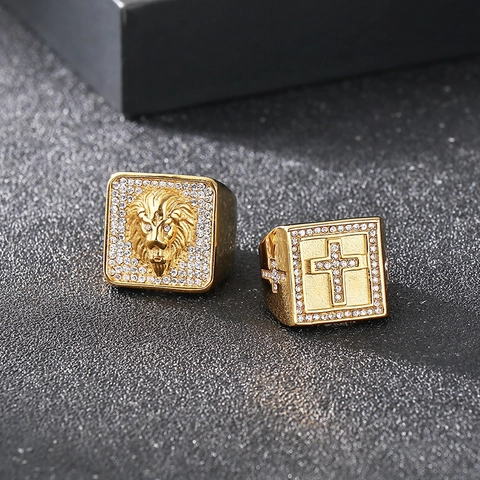 Anello da Uomo Hip Hop con Testa di Leone Placcato Oro in Acciaio Inossidabile Sigillo Punk Croce Tai Chi Strass Intarsiati