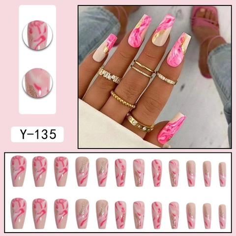 Coffin Press On Nails Lang Roze Marmer Design Goudfolie Glitter Kunstnagels Franse Stijl Voor Vrouwen Manicure