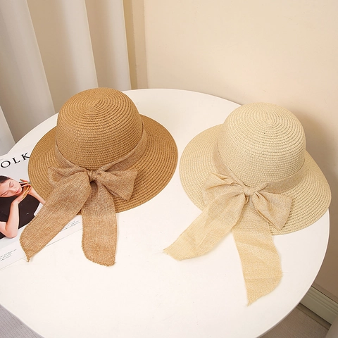 Damen Strohhut Papier Geflochtener Sonnenhut Breite Krempe Atmungsaktiv Strand Urlaub Sommer Elegant Schleife Dekoration