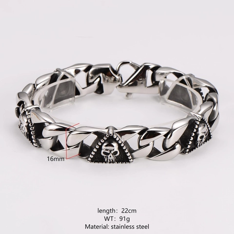 Pulsera De Calavera Triángulo Acero Inoxidable 304 Cadena Cubana Punk Gótico Hip Hop Joyería Para Hombres