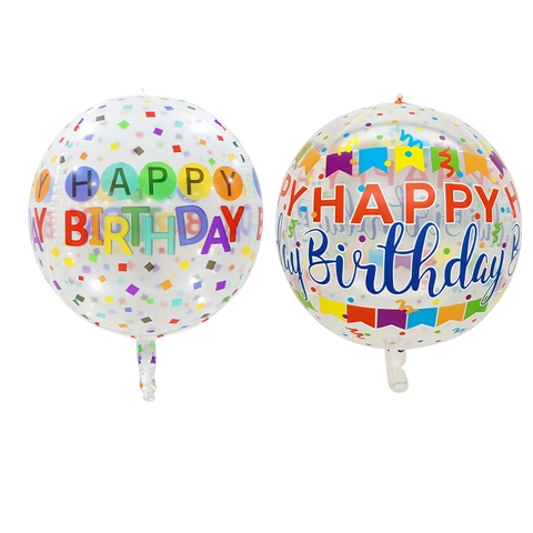 Transparent Happy Birthday Balloons 4D Bobo Aluminum Film Colorful Confetti Prints Festive Party Decorations