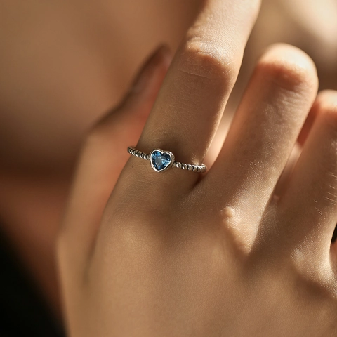 Anello In Argento Sterling 925 Zircone A Cuore Blu Regolabile Aperto Trama A Corda Vintage Per Donne