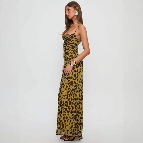 Leopard Muster Polyester Maxikleid Sexy Rückenfrei Kreuzgurt Bodycon Ärmellos Slim Fit Party Abendkleid