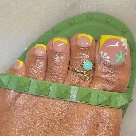 Unghie Finte Per Piedi French Gialle Motivo Margherita Unghie Rimovibili Decorazione Pedicure Piedi Per Donne