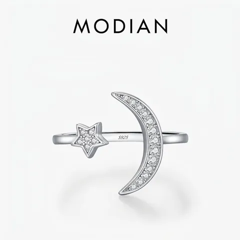 Adjustable Open Ring 925 Sterling Silver Romantic Star Moon Zircon Inlaid Minimalist Jewelry For Women