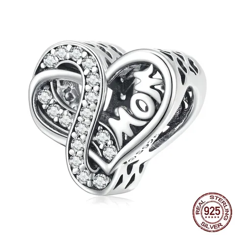 925 Sterling Silver Mom Heart Infinity Charm Bead With White Zirconia For DIY Bracelet Mother Day Women Fashion Jewelry