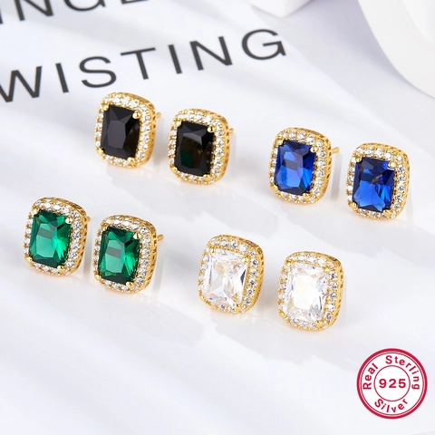 925 Sterling Silver Square Zirconia Stud Earrings For Women French Vintage Luxury Gold Plated Halo Rectangle Gemstone Jewelry