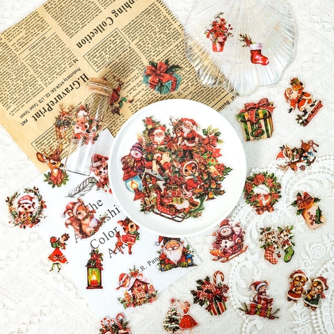 Adesivi Di Natale Vintage PET Impermeabili Realistici Festivi Diario Scrapbook Decalcomanie Per Decorazione DIY Confezione Regalo